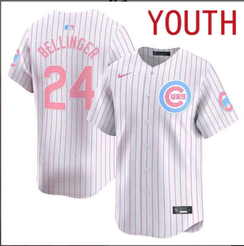 Youth  Chicago Cubs #24 Bellinger white with red strips 2024 Nike MLB jersey